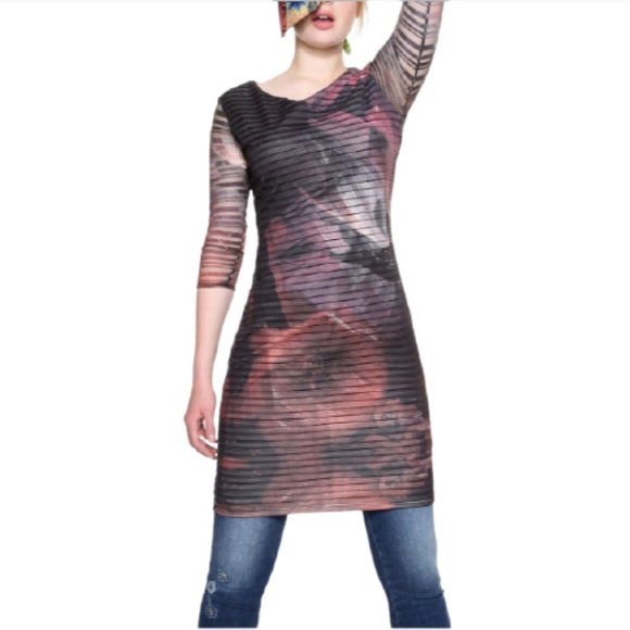 DESIGUAL Rosa Glam Abstract Floral Stripe Midi Sheath Dress M NWT - Picture 11 of 13